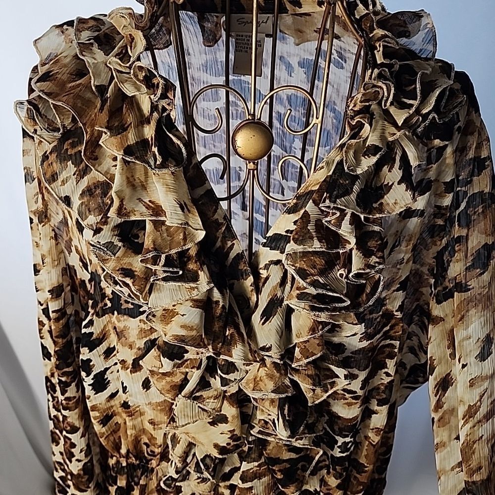 Vintage Spiegel Double Ruffle Neckline Long Sleeved Leopard Print Blouse - Picture 3 of 10